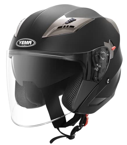 Casco Jet Moto Aperto Scooter - Yema Ym-627 Caschi Motorino Vintage Ece Omologato Donna Uomo Con Doppia Visiera Parasole, Nero Opaco, L