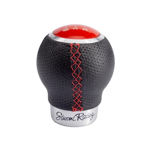 Simoni Racing Rev/Cr Pomello Rev Leva Cambio, Universale Per Auto, In Ecopelle Forata, Nero, Inserti In Alluminio Cromato Cuciture Rosse