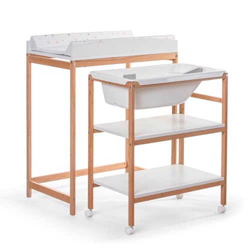 Okbaby Woody - Fasciatoio In Legno Con Vaschetta Ergonomica E Ruote, Completo Di Materassino Soffice Per Il Cambio Del Neonato - 0-12 Mesi (11Kg) - Bi