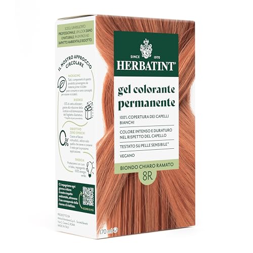 Herbatint Gel Colorante Permanente Per Capelli 8R Biondo Chiaro Ramato - 170 Ml | Senza Ammoniaca, 100% Copertura Capelli Bianchi | Per Pelli Sensibil