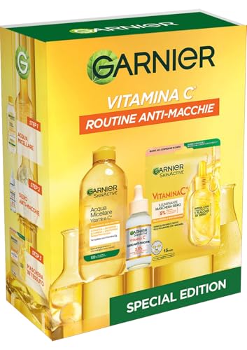 Garnier Skinactive Vitamina C Coffret Natale, Special Edition, Routine Anti-Macchie Con Acqua Micellare, Siero E Maschera In Tessuto