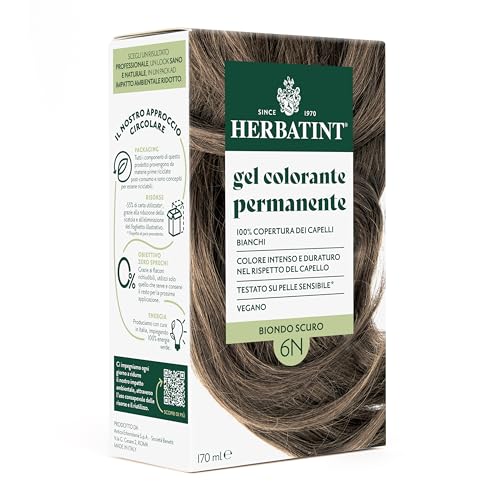 Herbatint Gel Colorante Permanente Per Capelli 6N Biondo Scuro - 170 Ml | Senza Ammoniaca, 100% Copertura Capelli Bianchi | Per Pelli Sensibili, Con 8