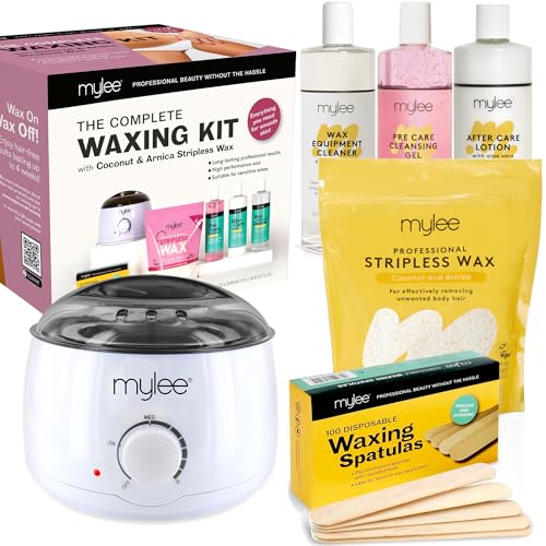 Mylee Kit Professionale Completo Per Ceretta + Scaldacera, Perle Di Cera Dura 500 G, Spatole Per Applicazione, Gel Pre E Post Depilazione, Detergente