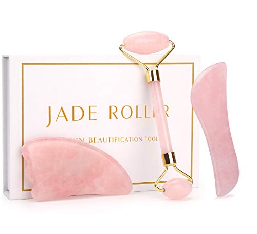 Newl Set Con Rullo Di Giada E Gua Sha Originale, Rulli Per Massaggio In Giada, In Quarzo Rosa Naturale, Strumenti Anti-Invecchiamento Per Viso, Collo,