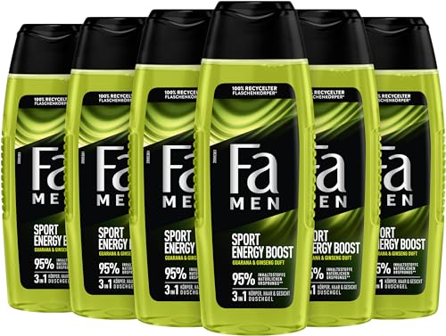 Fa Men Sport Double Power, Power Boost Body & Hair (6 X 250 Ml) Formula 3 In 1 Per Corpo, Capelli E Viso, Attiva Il Tuo Corpo, Mente E Sensi Con Il Pr