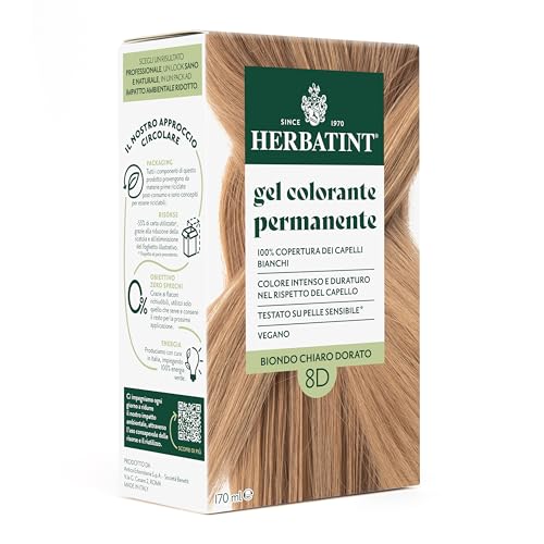 Herbatint Gel Colorante Permanente Per Capelli 8D Biondo Chiaro Dorato - 170 Ml | Senza Ammoniaca, 100% Copertura Capelli Bianchi | Per Pelli Sensibil