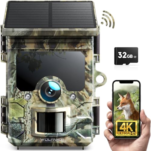 Wolfang Fototrappola Solare 4K 30Fps, Wifi Bluetooth Fotocamera Caccia Con Visione Notturna, Grandangolare 120 ° Fototrappole Con Tempo Di Scatto 0,1S
