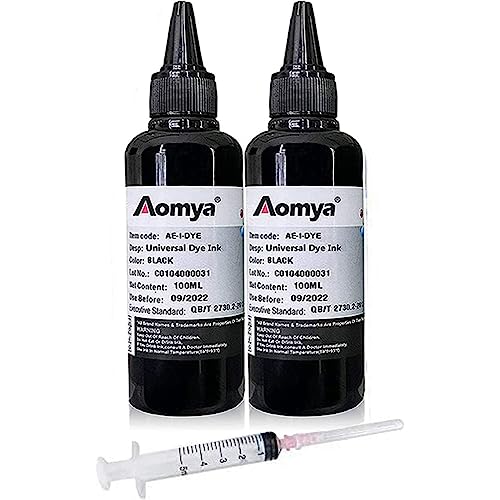 Aomya 2 Bottle Black Universal Dye Ink Kit Di Ricarica 100 Ml Per Stampanti Hp Canon, Epson, Brother, Lexmark, Cartucce Compatibili Con Cartucce Ciss