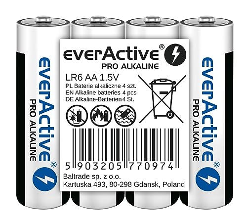 Everactive - Confezione Da 4 Batterie Aa, Pro Alkaline, Mignon Lr6 R6 1,5 V, Alte Prestazioni, Durata 10 Anni