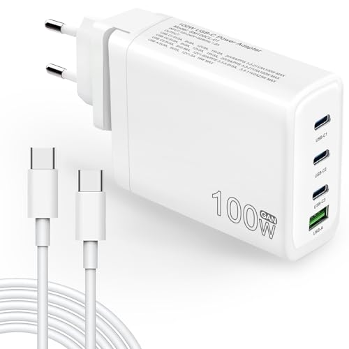 Caricatore Usb C Gan 4 Porte Da 100 W, Alimentatore Rapido Compatto Per Viaggi Con Cavo Usb C Per Mac Book Pro/Air, Ipad Pro, Thinkpad, Dell Xps, Goog
