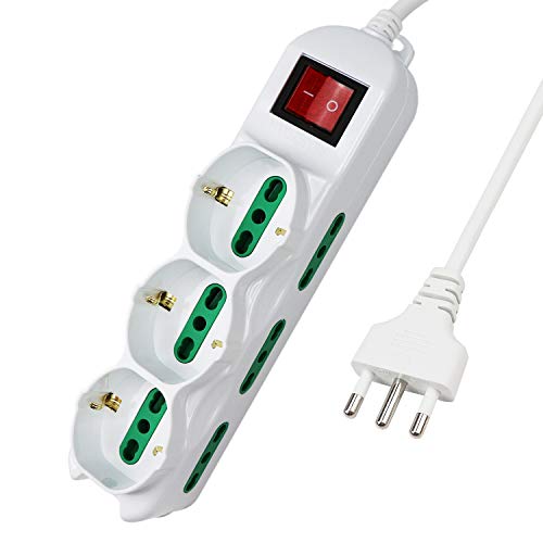Extrastar Ciabatta Multipresa Elettrica 9 Posti 3 Polivalenti (Schuko 10/16A) 6 Bivalenti 10/16A, Colore Bianco, Cavo 3 M - Spina 16A
