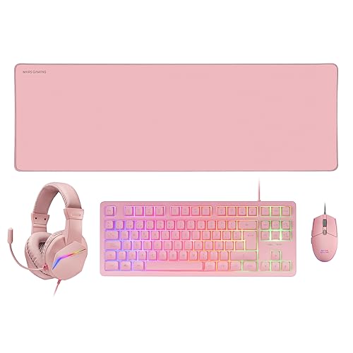 Mars Gaming Mcp-Rgb3, Pack Gaming Tastiera Fixed Rgb + Mouse Gaming Rgb Flow 3200 Dpi + Cuffie Over-Ear Rgb + Tappetino Xxl, Rosa, Lingua Francese