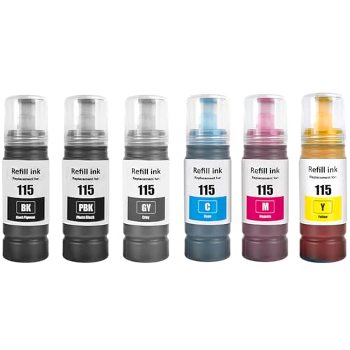 Shuolei 115 Inchiostro Compatibile Con Epson 115 Flaconi Di Inchiostro Multipack Per Ecotank L8160 L8180 (6-Pack,Pigmento Nero/Nero/Ciano/Magenta/Gial
