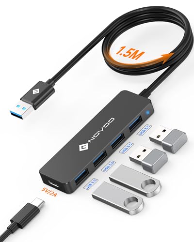 Novoo 4 Port Usb 3.0 Hub With 4.9Ft Long Extension Cable, 5Gbps Data Transfer, Simple And Practical Port Usb Adapter For Macbook, Flash Drive, Printer