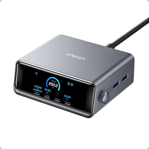 Caricatore Usb C Anker Prime 250W, Gan Ultra-Veloce A 6 Porte, Display Lcd Intelligente Da 2,26’’, Compatibile Con Macbook Pro/Air, Iphone 16/15/14, P