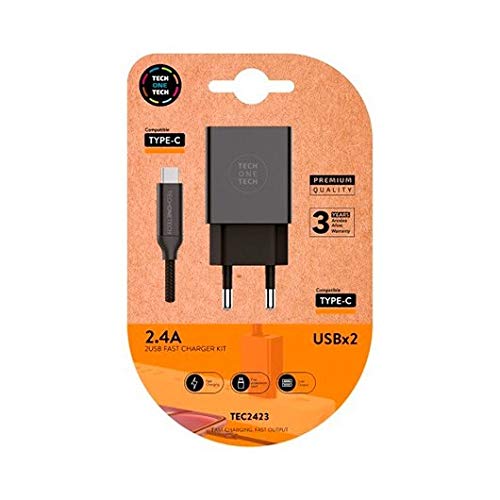 Cargador Doble + Cable Usb-C Tech One Tech Negro Alto Rendimiento 2,4A/Negro Tec2423