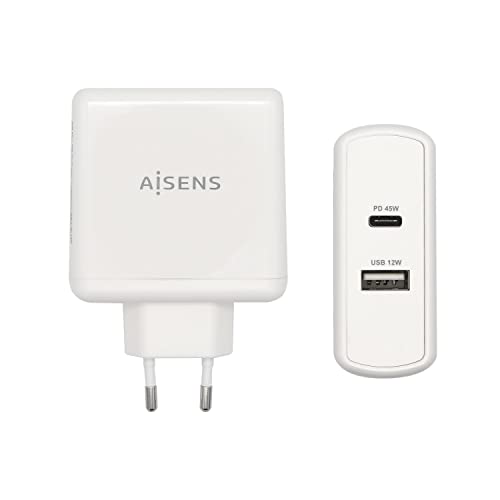 Aisens Cargador 57 W, 1X Usb-C Pd3.0 45 W, 1X Usb-A 5 V / 2.4 A 12 W, Blanco