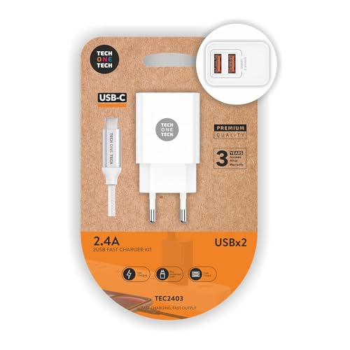 Cargador Doble + Cable Usb-C Tech One Tech Blanco Alto Rendimiento 2,4A/Blanco Tec2403