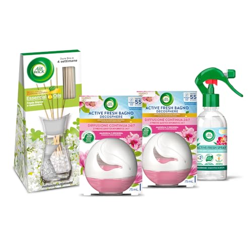 Airwick Kit Profumatori Ambienti: 2 Profumatori Active Fresh Bagno Magnolia E Orchidea, 2X75Ml + 2 Active Fresh Spray Fresia, 2X250Ml + 1 Profumatore