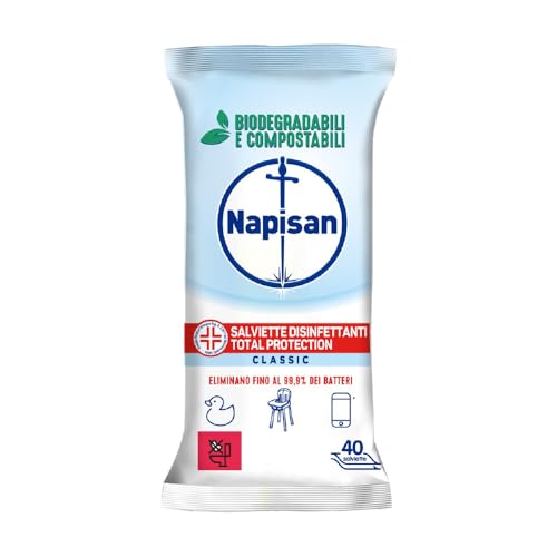 Napisan Salviette Disinfettanti Total Protectio, Confezione Da 40 Salviette Disinfettanti Biodegradabili E Compostabili Multisuperfici