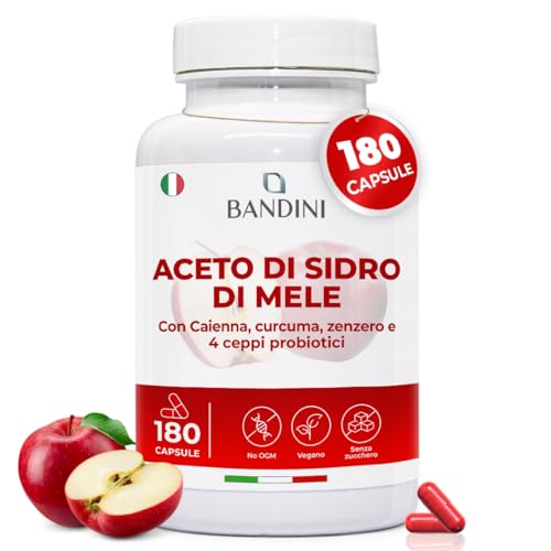 Bandini® Aceto Di Sidro Di Mele Complex 1860Mg Alta Concentrazione, 180 Capsule Vegane Di Aceto Di Mele Con Madre, Non Filtrato, Con Probiotici, Curcu