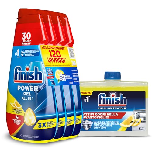 Finish Kit Lavastoviglie; Finish Powergel Detersivo Lavastoviglie Lemon 120 Lavaggi, Curalavastoviglie Limone 250Ml
