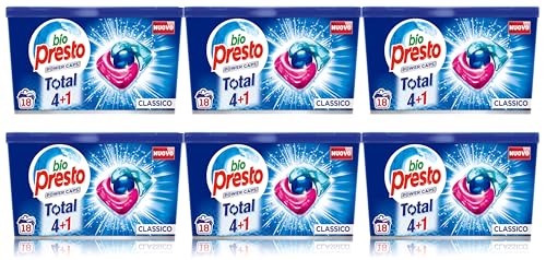 Bio Presto Power Caps Classico, Detersivo Lavatrice Predosato In Capsule, 6 Confezioni Da 18 Pezzi, Totale Lavaggi 108