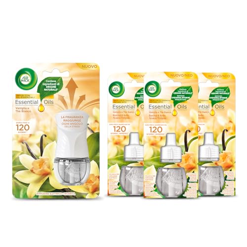 Airwick Kit Diffusore Elettrico Di Oli Essenziali: 1 Diffusore Completo Gadget + Ricarica Alla Fragranza Vaniglia E Thè Bianco, 4X19Ml