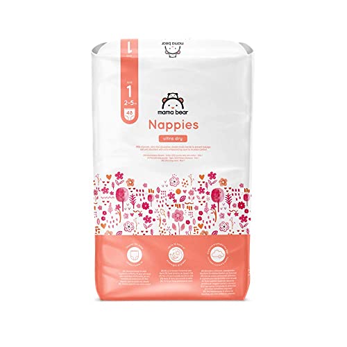 Marchio Amazon - Mama Bear Pannolini Ultra Asciutto, Taglia 1 (2-5 Kg), Con Canali D'Areazione, Bianco, 48 Unità (1 Confezioni Da 48) - Nuova Versione