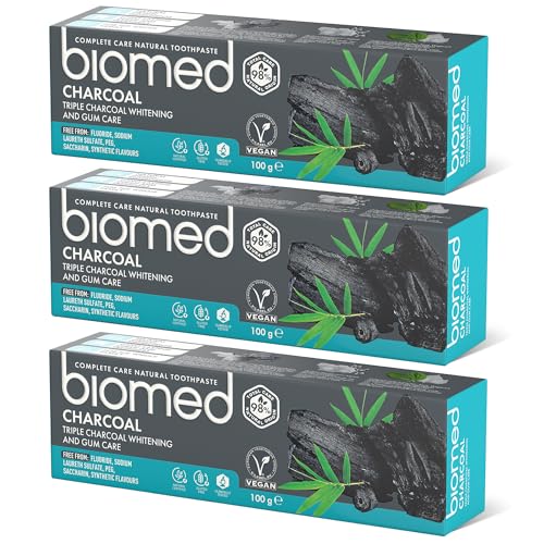 Biomed Triple Charcoal 98% Dentifricio Sbiancante Naturale | Cura Della Gengiva, Carbone Di Bambù | Vegano, Privo Di Sles 3Х100 G