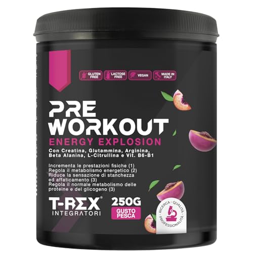 T-Rex Integratori Pre Workout, Energy Drink Potente Con Creatina Monoidrata, Taurina, Citrullina, Arginina Akg, Beta Alanina E Vitamine, 250 G (Pesca,