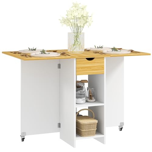 Homcom Tavolo Da Pranzo Pieghevole, Tavolo A Ribalta Per 2-4 Persone, Tavolo Da Cucina Salvaspazio Moderno Con Cassetto, 2 Ripiani E 2 Ruote, In Legno