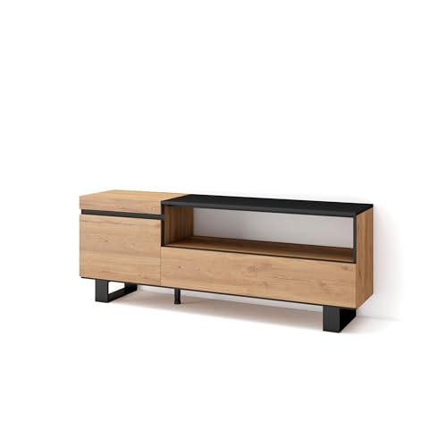 Skraut Home | Mobile Tv Soggiorno | Ampio Spazio A Disposizione | 150X57X35Cm | Per Tv Fino A 65" | Design Industriale | Stile Moderno | Rovere E Nero