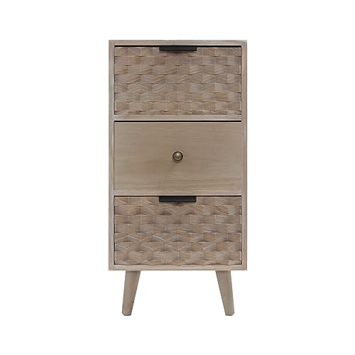 Rebecca Mobili Comodino Stretto, Comodino Salvaspazio, 3 Cassetti, Legno Naturale, Marrone, Stile Scandinavo Boho - Misure Hxlxp: 62,5 X 30 X 25 Cm -