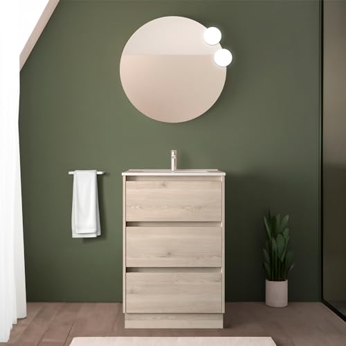 Mobile Bagno A Terra 60 Cm Rovere Bali Con Lavabo E Specchio Tondo 60 Cm, 3 Cassetti Con Chiusura Soft-Close, Gaya