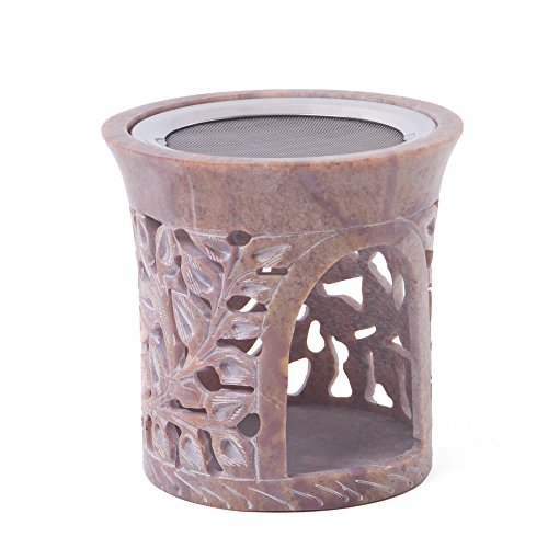 Brucia Incensi Portacandele Korba 10 Cm, Ø 9 Cm Con Filtro In Acciaio Inox - Fair Trade Softstone Con Foglie In Rilievo