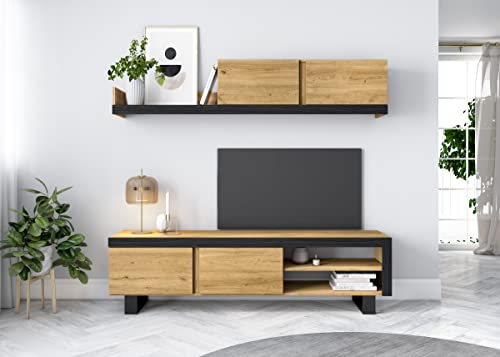 Skraut Home - Soggiorno Idem Naturale - Set Di Mobili - Unità A Parete - Mobile Basso Tv - Sala Da Pranzo, Set Da Soggiorno Colore Rovere Nordico/Nero