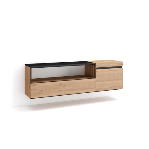 Skraut Home | Mobile Tv Soggiorno | Ampio Spazio A Disposizione | 150X45X35Cm | Per Tv Fino A 65" | Sospeso, Da Appendere | Stile Moderno | Rovere E N