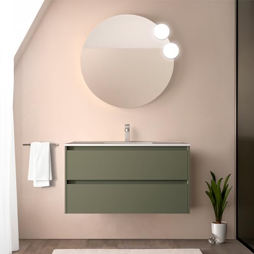 Mobile Bagno Sospeso 90 Cm Verde Satinato Con Lavabo E Specchio Tondo 70 Cm, 2 Cassetti Con Chiusura Soft-Close, Gaya