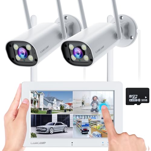 Camcamp Telecamera Di Sorveglianza Esterna Con Monitor – 2 K 3 Mp Outdoor Senza Wi-Fi Camera Con Scheda 32 Gb 7 Pollici Touch Wifi Nvr, Visione Nottur