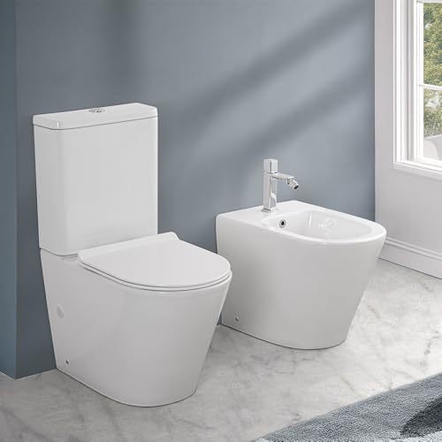 Coppia Sanitari Filomuro Monoblocco Rimless Con Design Moderno In Ceramica Bianco Lucida Linea Tygo, Completa Di Sedile Soft-Close