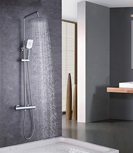 Elbe Colonna Doccia Con Termostato In Acciaio Inox, Con Doccetta Multifunzione E Soffione Tondo Ø25 Cm, Asta Doccia Regolabile In Altezza Da 79-119 Cm