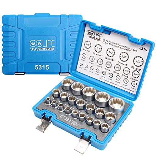 Cclife 21 Pezzi Profilo E10-E40 Kit Bussole Poligonali Trox A Bussola Esagonali 1/2' 8-32Mm Crv Bussole Bussola Femmina 12 Denti