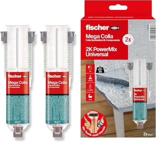 Fischer 2 Pz Mega Colla Epossidica Bicomponente Powermix Ntjh, Presa Rapida, Adesivo Trasparente Per Incollare Metallo, Legno, Plastica, Vetro, Cerami