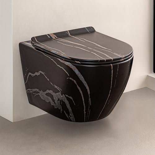 Wc Sospeso Rimless In Ceramica Con Effetto Marmorizzato Nero Linea Tokyo, L 36 X P 55 X H 32 Cm, Completo Di Sedile Soft-Close