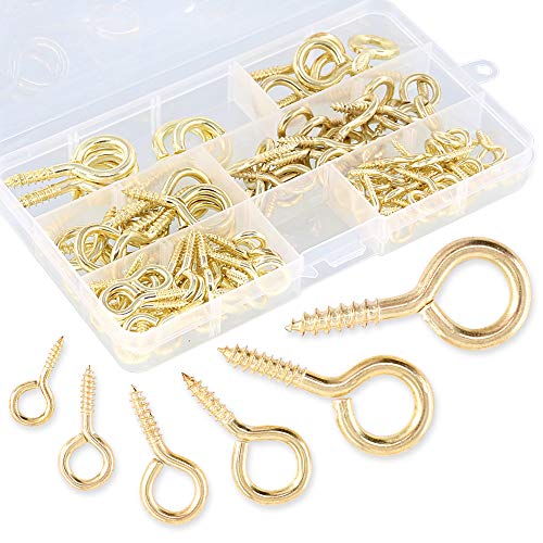 Swpeet 120Pcs 6 Taglie Metal Screw-In Eye Bulloni Vite Occhi Kit Ganci, Ganci Viti Autofilettanti Ganci A Vite Dorato Occhi Per Casa/Lavoro/Ufficio