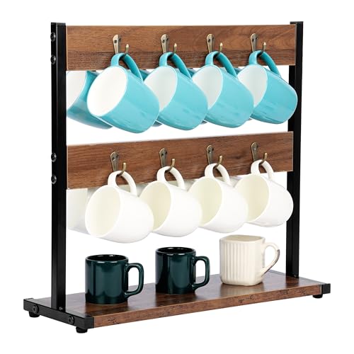 Belle Vous Porta Tazze Da Caffè - Portatazze Con Base Di Appoggio - Vassoio Per Cialde Caffe - Porta Tazzine A 16 Ganci - Organizer In Legno A 2 Livel