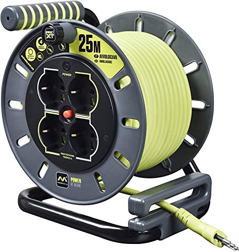 Masterplug Pro-Xt Avvolgicavo 25 Metri, 4 Prese Universali Prolivalent: Bipasso, Eu, Schuko, Prolunga Elettrica 16A, Indicatore Led, Cavo Alta Visibil