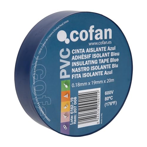 Cofan Nastro Isolante 180 Micrometri | Blu | Resistente Alla Tensione, Al Calore E A Vari Acidi E Alcalini | 20M X 19Mm