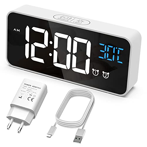 Hermic Sveglia Digitale, Sveglia Da Comodino Con Temperatura, Orologio Digitale Con 2 Allarme, Snooze, 4 Livelli Di Luminosità, Controllo Vocale, Usb